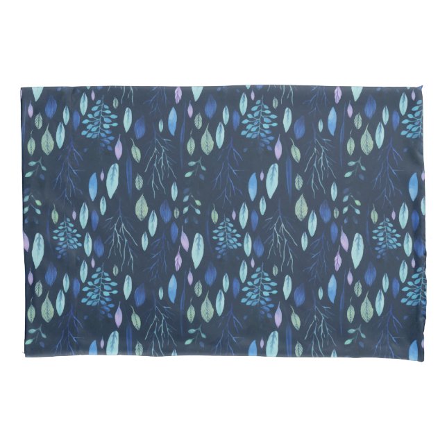 Dark Navy Blue Botanical Leaves Garden Watercolor Pillow Case (Front)