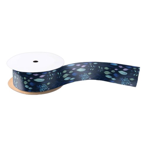 Dark Navy Blue Botanical Leaves Garden Watercolor Satin Ribbon