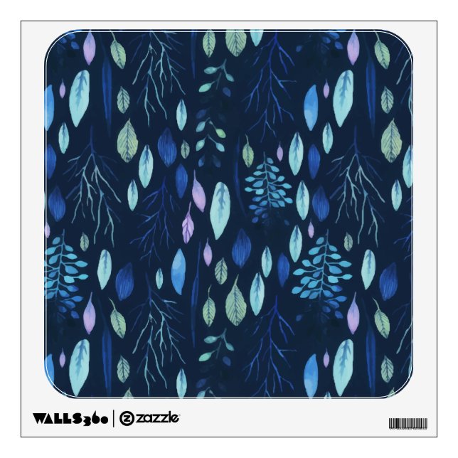 Dark Navy Blue Botanical Leaves Garden Watercolor Wall Decal (Front)