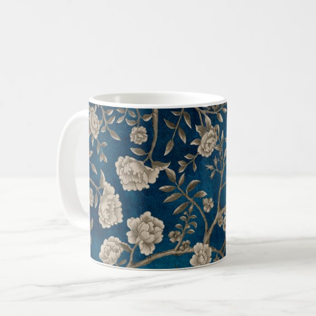 Dark Navy Blue Chinoiserie Flowers & Greenery Coffee Mug (Front Left)