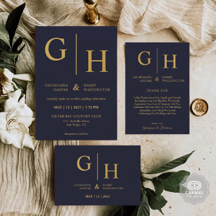 Dark Navy Blue Color And Gold Plain Wedding Invitation