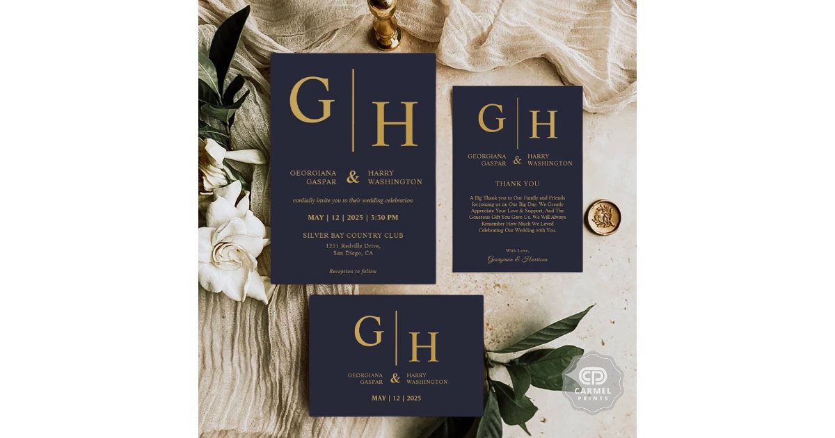Dark Navy Blue Color And Gold Plain Wedding Thank You Card | Zazzle