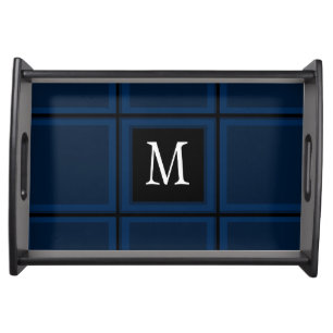 Dark Navy Blue Custom Single Initial Striped Serving Tray