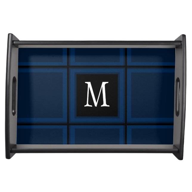 Dark Navy Blue Custom Single Initial Striped Serving Tray (Front)