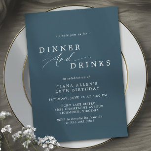 Dark Navy Blue Elegant Simple Birthday Dinner Invitation