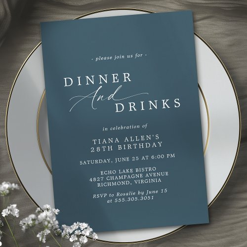 Dark Navy Blue  Elegant Simple Birthday Dinner Invitation