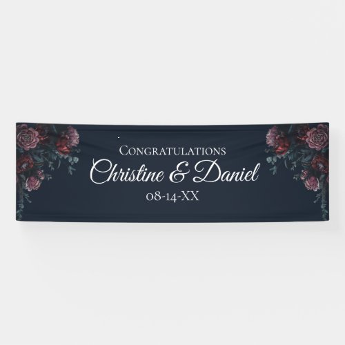 Dark Navy Blue Floral Elegant Wedding Maroon Mauve Banner