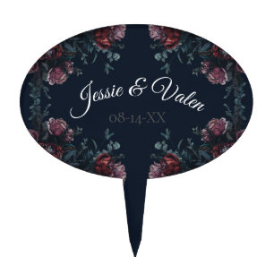 Dark Navy Blue Floral Elegant Wedding Maroon Mauve Cake Topper