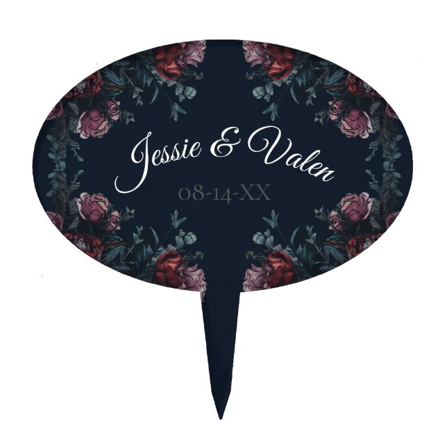 Dark Navy Blue Floral Elegant Wedding Maroon Mauve Cake Topper (Front)