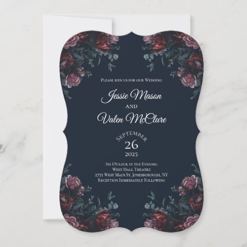 Dark Navy Blue Floral Elegant Wedding Maroon Mauve Invitation