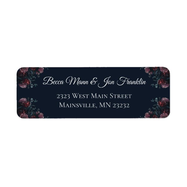 Dark Navy Blue Floral Elegant Wedding Maroon Mauve Label (Front)