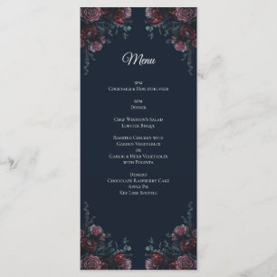 Dark Navy Blue Floral Elegant Wedding Maroon Mauve Menu