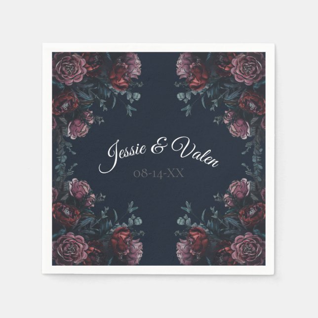 Dark Navy Blue Floral Elegant Wedding Maroon Mauve Napkins (Front)