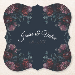 Dark Navy Blue Floral Elegant Wedding Maroon Mauve Paper Coaster