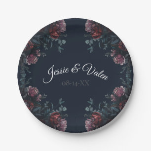 Dark Navy Blue Floral Elegant Wedding Maroon Mauve Paper Plates