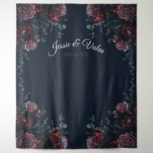 Dark Navy Blue Floral Elegant Wedding Maroon Mauve Tapestry