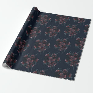 Dark Navy Blue Floral Elegant Wedding Maroon Mauve Wrapping Paper