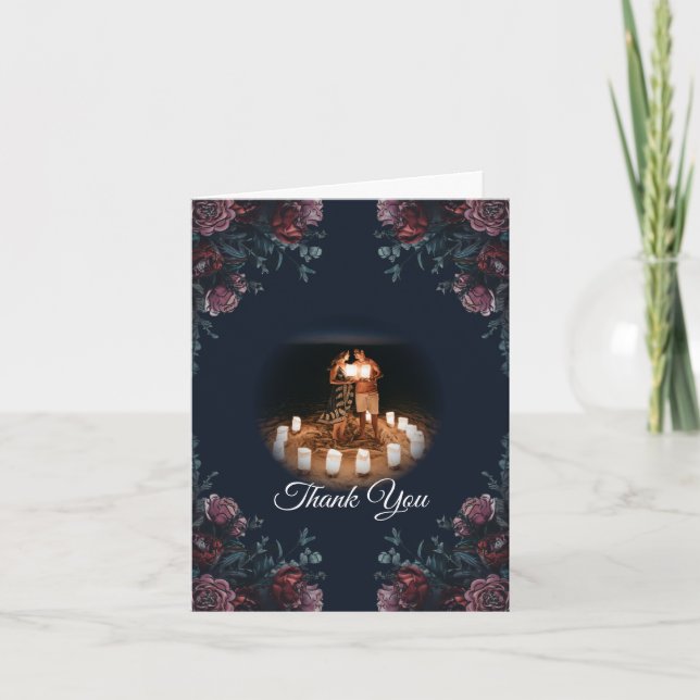 Dark Navy Blue Floral Elegant Wedding Thank You Card (Front)