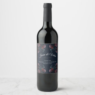 Dark Navy Blue Floral Elegant Wedding Wine Label