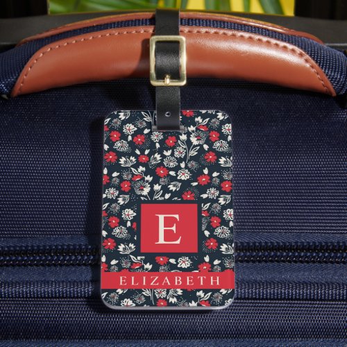 Dark Navy Blue Floral Red Grey White Flowers Luggage Tag