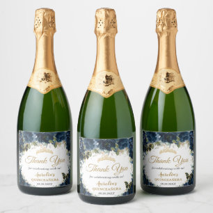 Dark Navy Blue Floral Roses Butterflies Favor Sparkling Wine Label