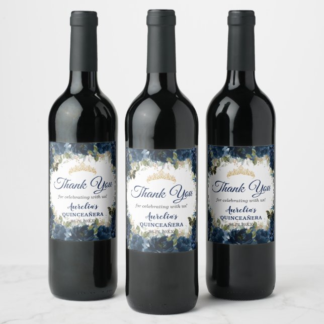 Dark Navy Blue Floral Roses Butterflies Favor Wine Label (Bottles)