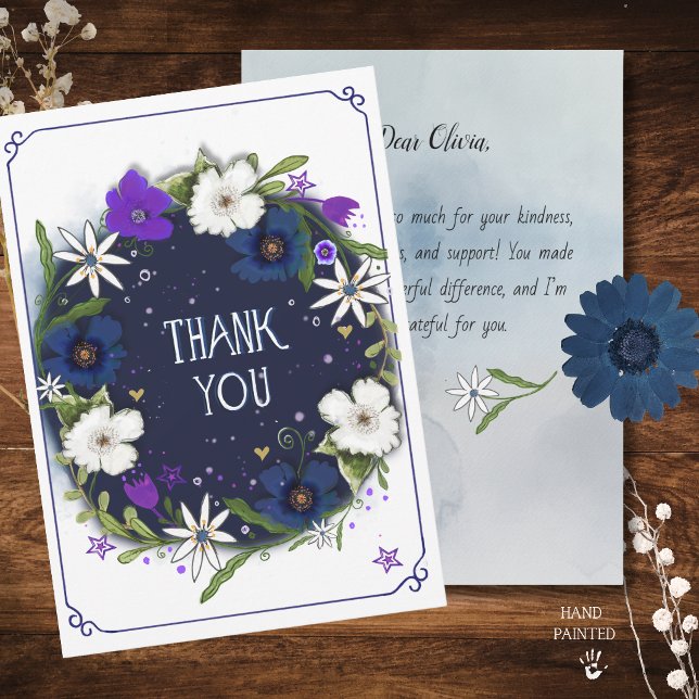 Dark Navy Blue Floral Thank You Card (Dark Navy Blue Floral Thank You Card)