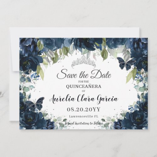 Dark Navy Blue Floral XV Quincea&#241;era Save the Date