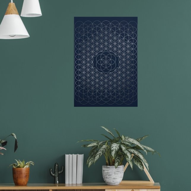 Dark Navy Blue Geometric Star Pattern Art Poster (Living Room 1)