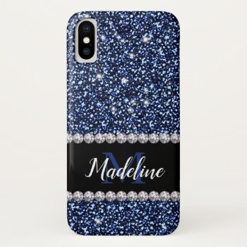 Dark Navy Blue Glitter & Gems  Name And Monogram Iphone Xs Case by CoolestPhoneCases at Zazzle
