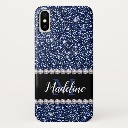 Dark Navy Blue Glitter  Gems Name and Monogram iPhone XS Case