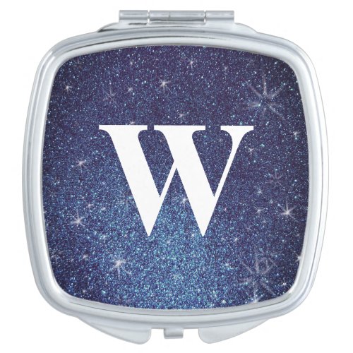 Dark Navy Blue Glitter Wedding Monogram Compact Mirror
