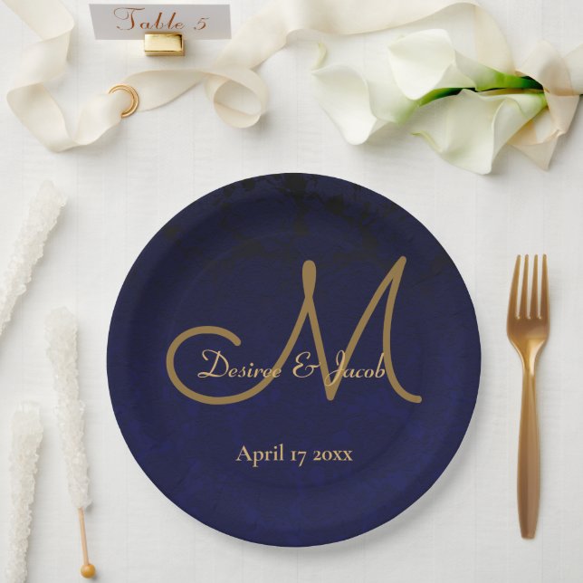 Dark Navy Blue Gold Floral Wedding Monogram Paper Plates (Wedding)