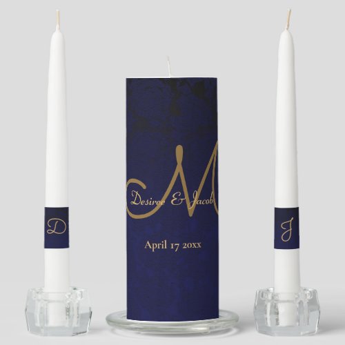 Dark Navy Blue Gold Floral Wedding Monogram Unity Candle Set