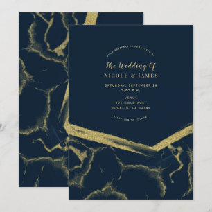 Dark Navy Blue & Gold Marble Chic Modern Wedding Invitation
