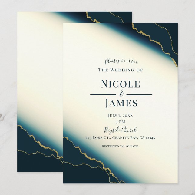 Dark Navy Blue & Gold Modern Coastal Beach Wedding Invitation (Front/Back)