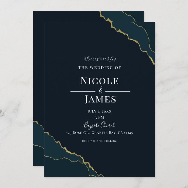 Dark Navy Blue & Gold Modern Elegant Wedding Invitation (Front/Back)