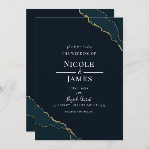Dark Navy Blue  Gold Modern Elegant Wedding Invitation