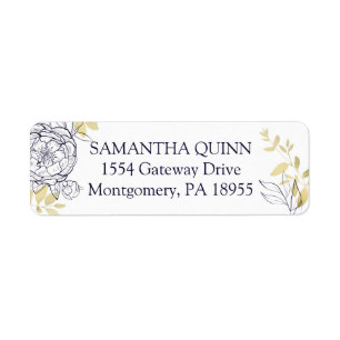 Dark Navy Blue & Gold Peony Floral Return Address Label