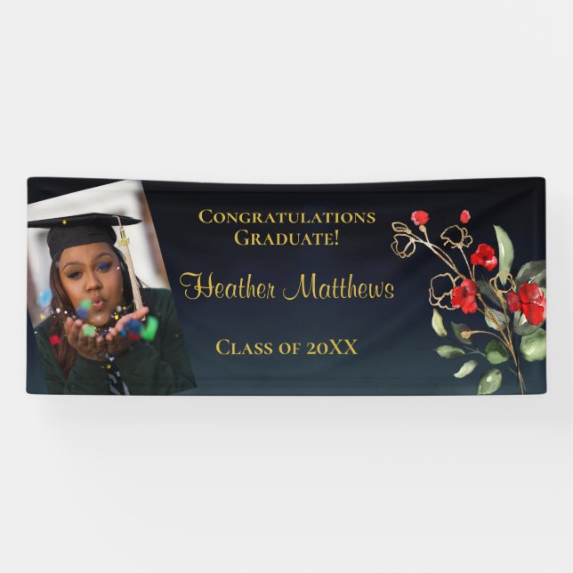 Dark Navy Blue & Gold Red Florals Graduation Banner (Horizontal)