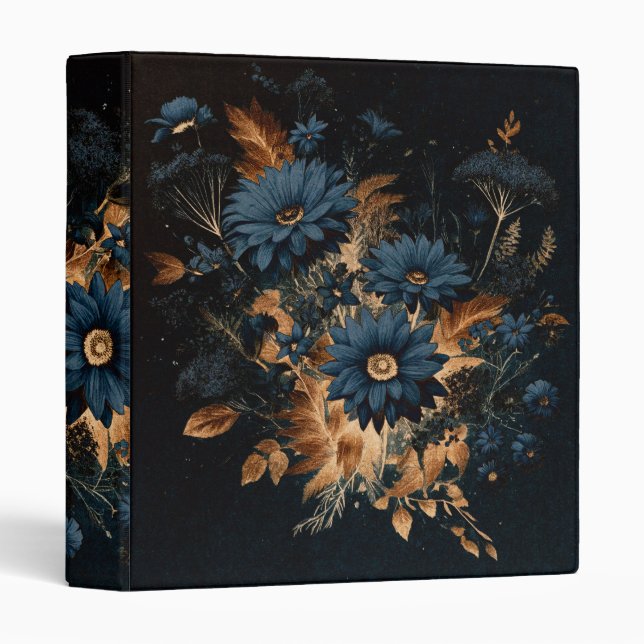 Dark Navy Blue & Gold Rustic Floral Glam Boho  3 Ring Binder (Front/Spine)