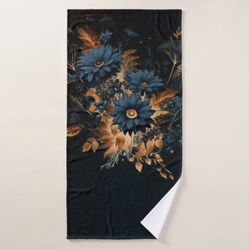 Dark Navy Blue  Gold Rustic Floral Glam Boho  Bath Towel Set