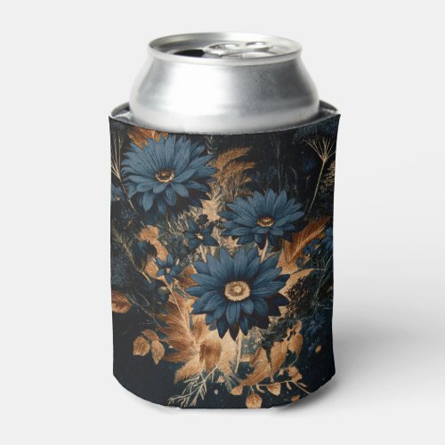 Dark Navy Blue  Gold Rustic Floral Glam Boho  Can Cooler