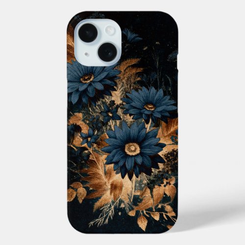 Dark Navy Blue  Gold Rustic Floral Glam Boho  iPhone 15 Case