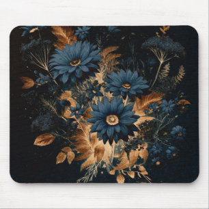 Dark Navy Blue & Gold Rustic Floral Glam Boho Mouse Pad