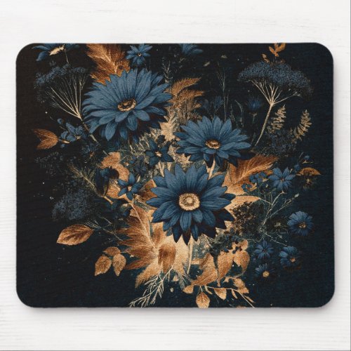 Dark Navy Blue  Gold Rustic Floral Glam Boho  Mouse Pad