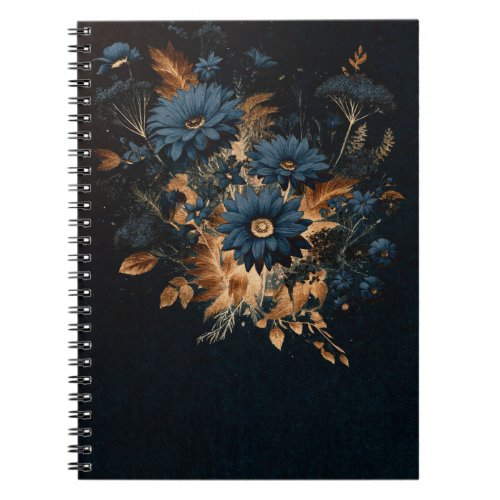Dark Navy Blue  Gold Rustic Floral Glam Boho  Notebook