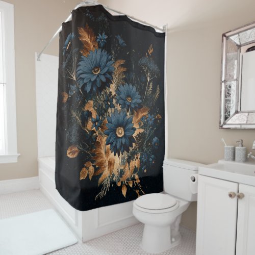 Dark Navy Blue  Gold Rustic Floral Glam Boho  Shower Curtain