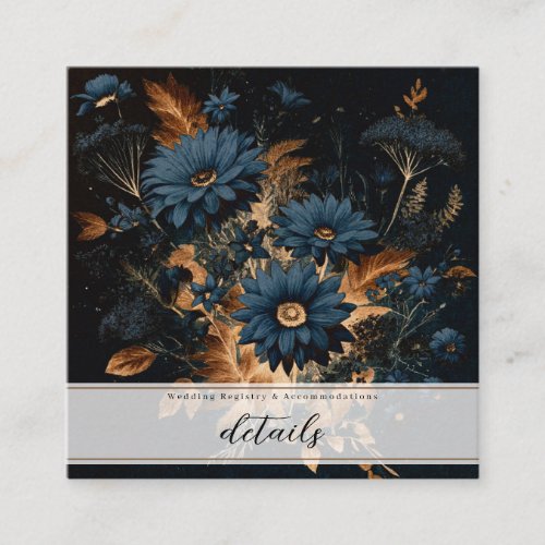 Dark Navy Blue  Gold Rustic Floral Glam Boho  Square Business Card