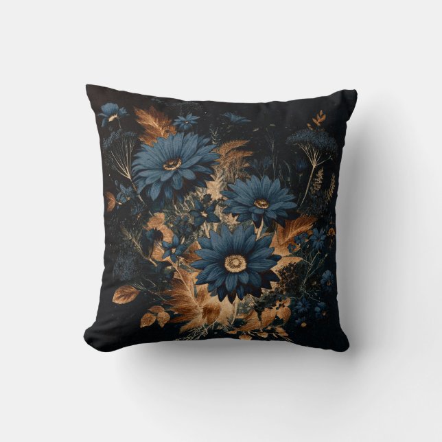 Dark Navy Blue & Gold Rustic Floral Glam Boho  Throw Pillow (Front)